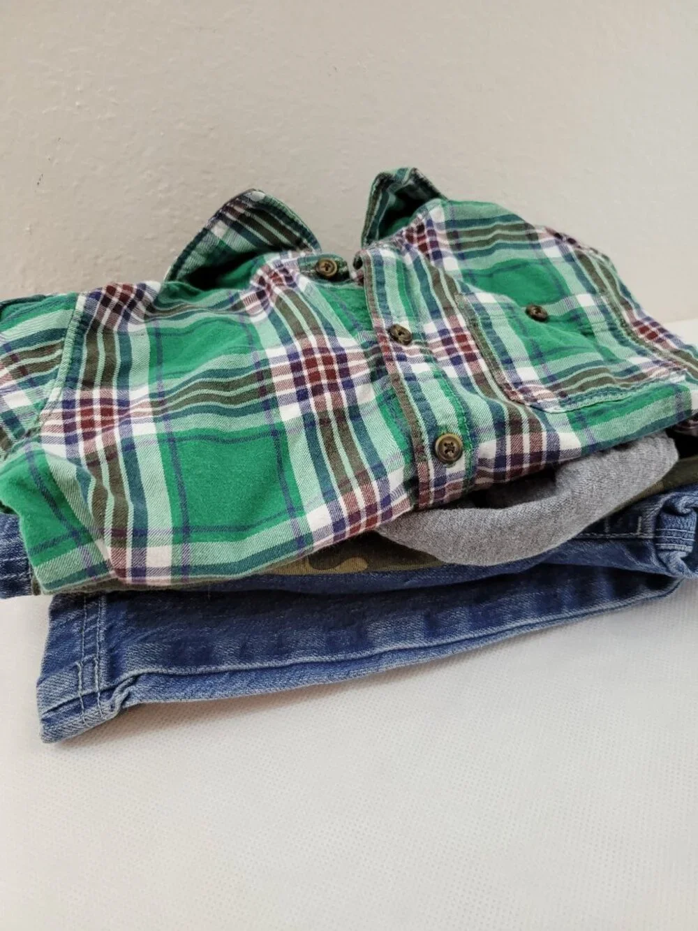 Boys 3 Lot of Carters Flannel Hoodie Garanimals Shirt, OshKosh Bib Overall Jeans